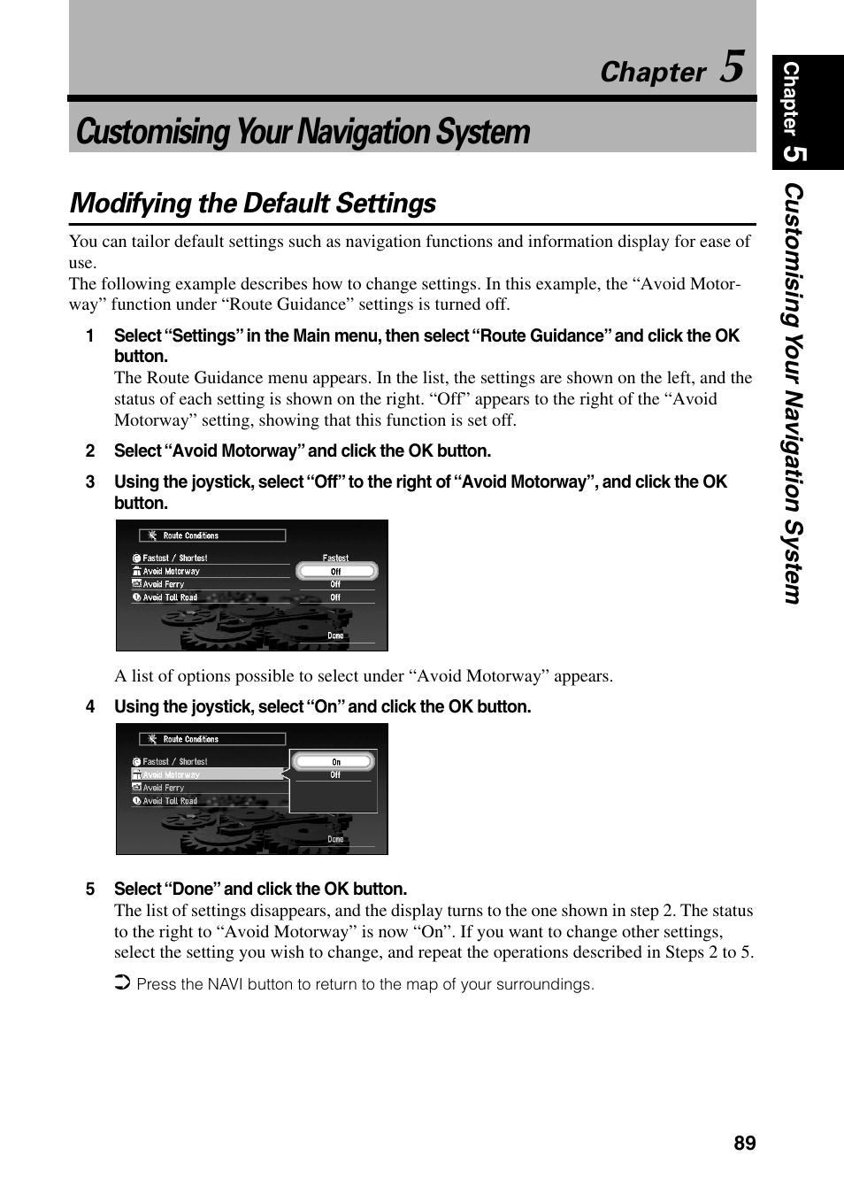 Chapter 5, Customising your navigation system, Modifying the default settings | Chapter | Pioneer AVIC-60D-2 User Manual | Page 91 / 188