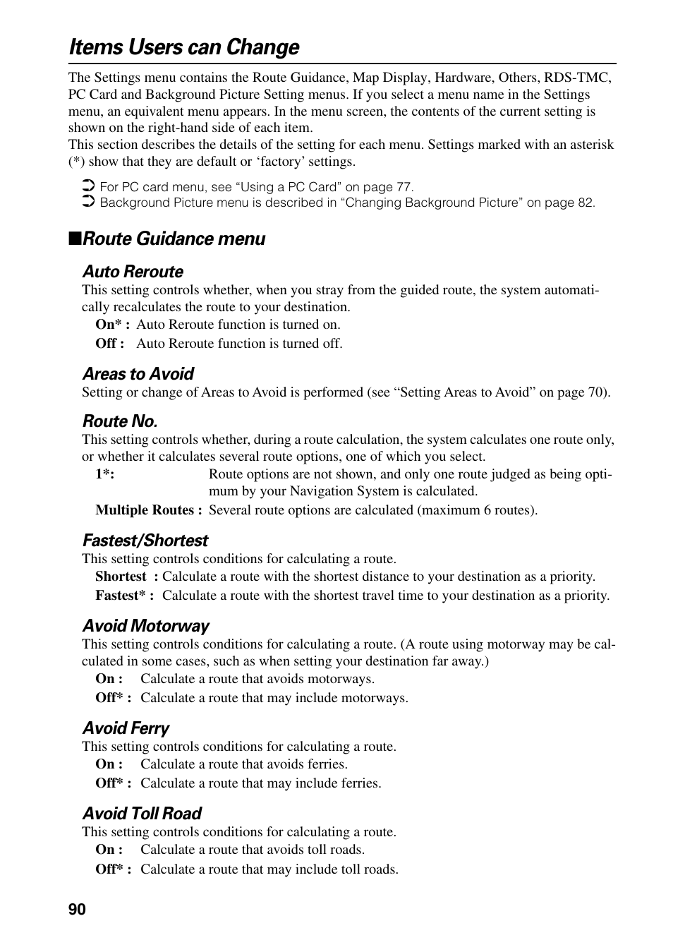 Items users can change, Route guidance menu | Pioneer AVIC-60D-2 User Manual | Page 92 / 188