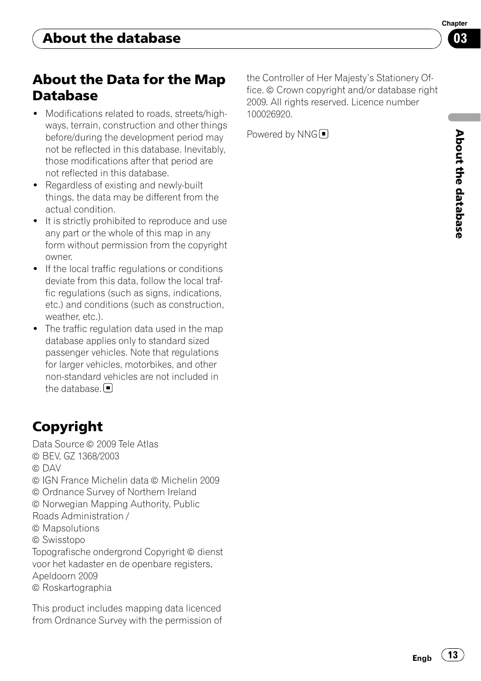 Copyright, About the data for the map database, About the database | Pioneer CNSD-150FM User Manual | Page 13 / 24