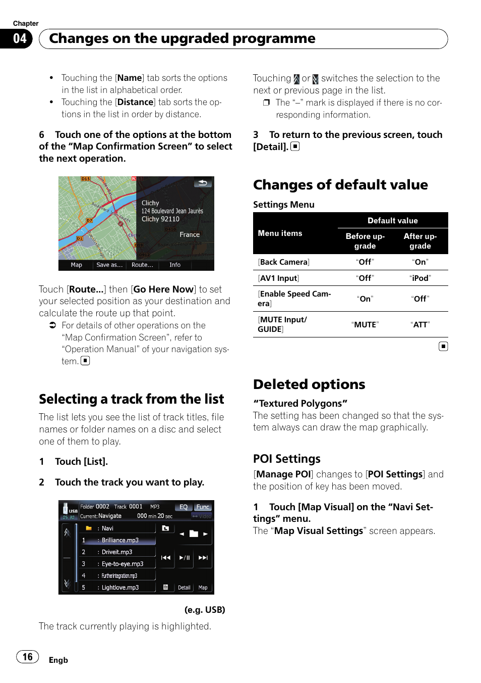 Selecting a track from the list, Changes of default value, Deleted options | Poi settings 16, Changes on the upgraded programme, Poi settings | Pioneer CNSD-150FM User Manual | Page 16 / 24