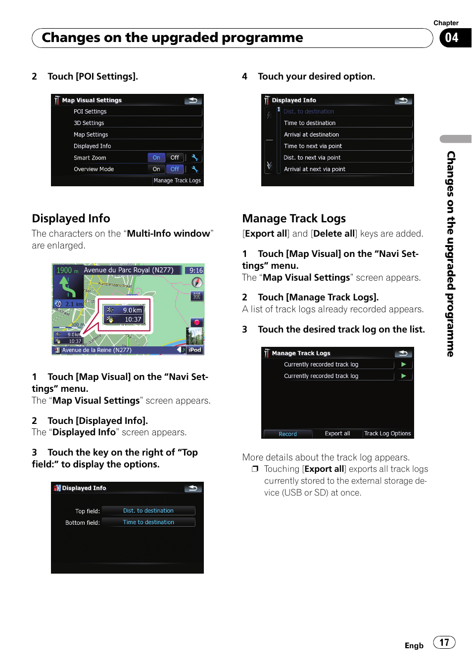 Displayed info 17, Manage track logs 17, Changes on the upgraded programme | Displayed info, Manage track logs | Pioneer CNSD-150FM User Manual | Page 17 / 24
