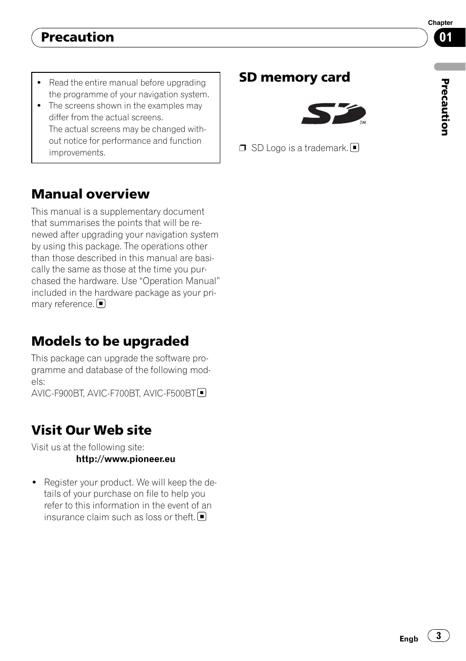 Precaution, Manual overview, Models to be upgraded | Visit our web site, Sd memory card | Pioneer CNSD-150FM User Manual | Page 3 / 24