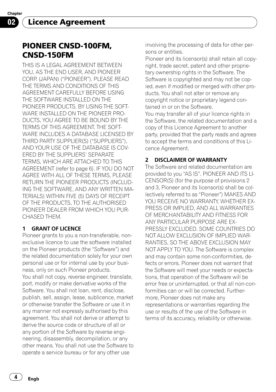 Licence agreement pioneer cnsd-100fm, cnsd-150fm, Licence agreement | Pioneer CNSD-150FM User Manual | Page 4 / 24