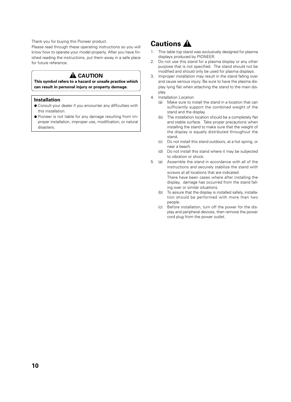 Operating instructions, Cautions | Pioneer PDK-TS01 User Manual | Page 10 / 74