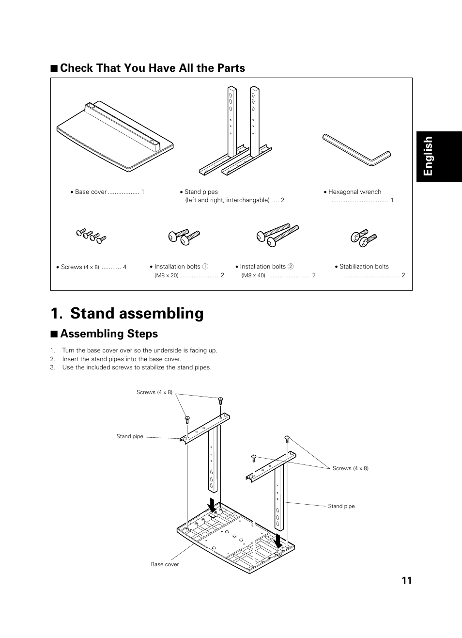 Stand assembling, English 7 check that you have all the parts, 7 assembling steps | Pioneer PDK-TS01 User Manual | Page 11 / 74