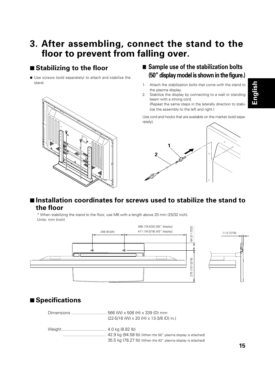 English, 7 stabilizing to the floor, 7 specifications | Pioneer PDK-TS01 User Manual | Page 15 / 74