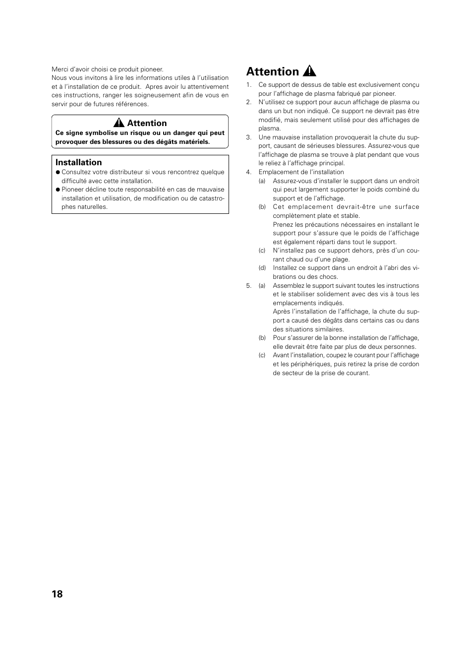 Mode d’emploi, Attention | Pioneer PDK-TS01 User Manual | Page 18 / 74