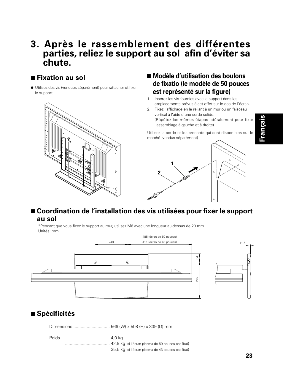 Français, 7 fixation au sol, 7 spécificités | Pioneer PDK-TS01 User Manual | Page 23 / 74