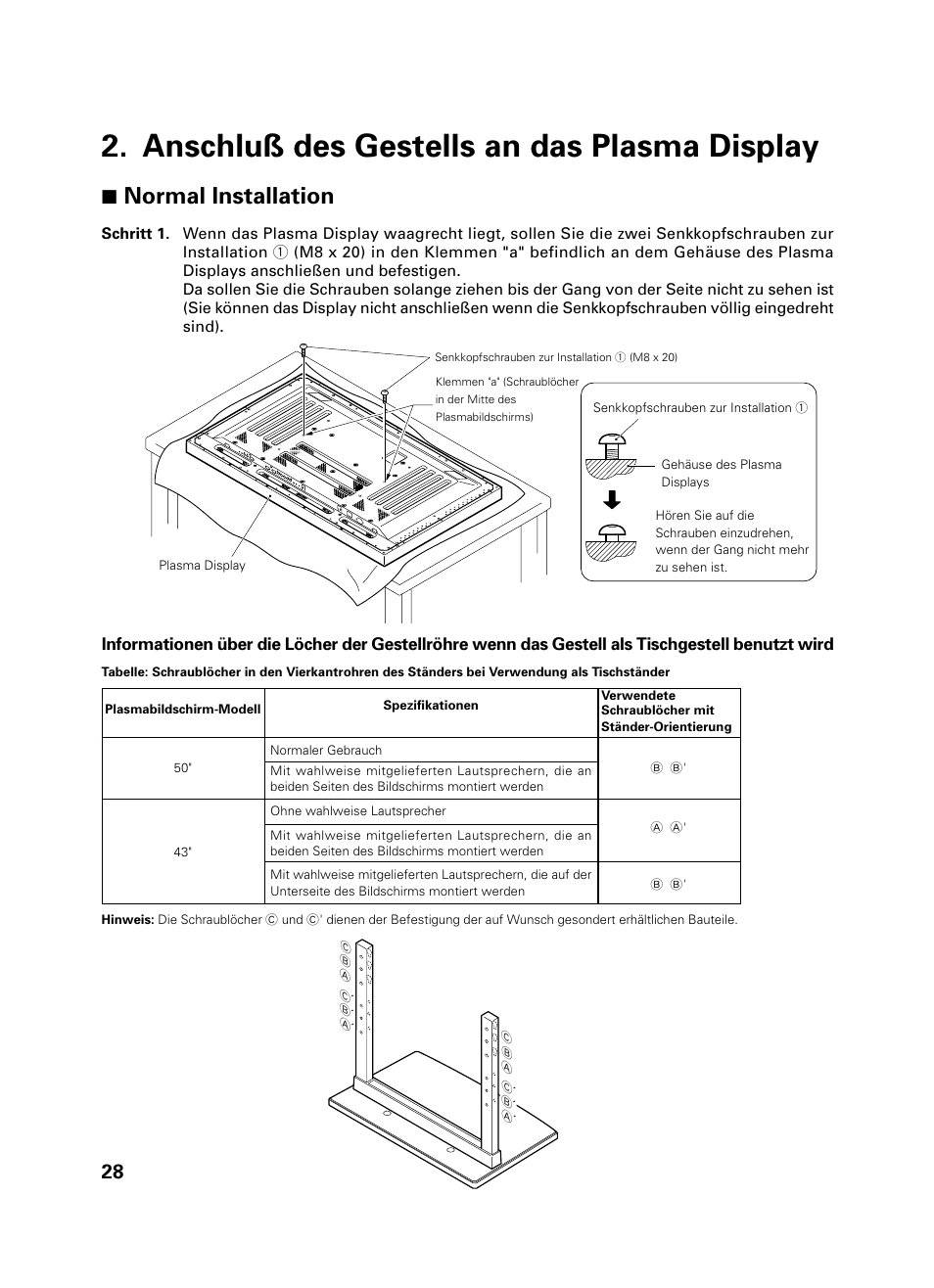 Anschluß des gestells an das plasma display, 7 normal installation | Pioneer PDK-TS01 User Manual | Page 28 / 74