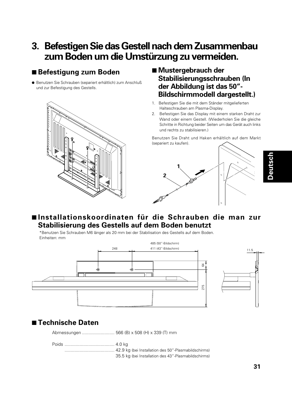 Deutsch, 7 befestigung zum boden, 7 technische daten | Pioneer PDK-TS01 User Manual | Page 31 / 74