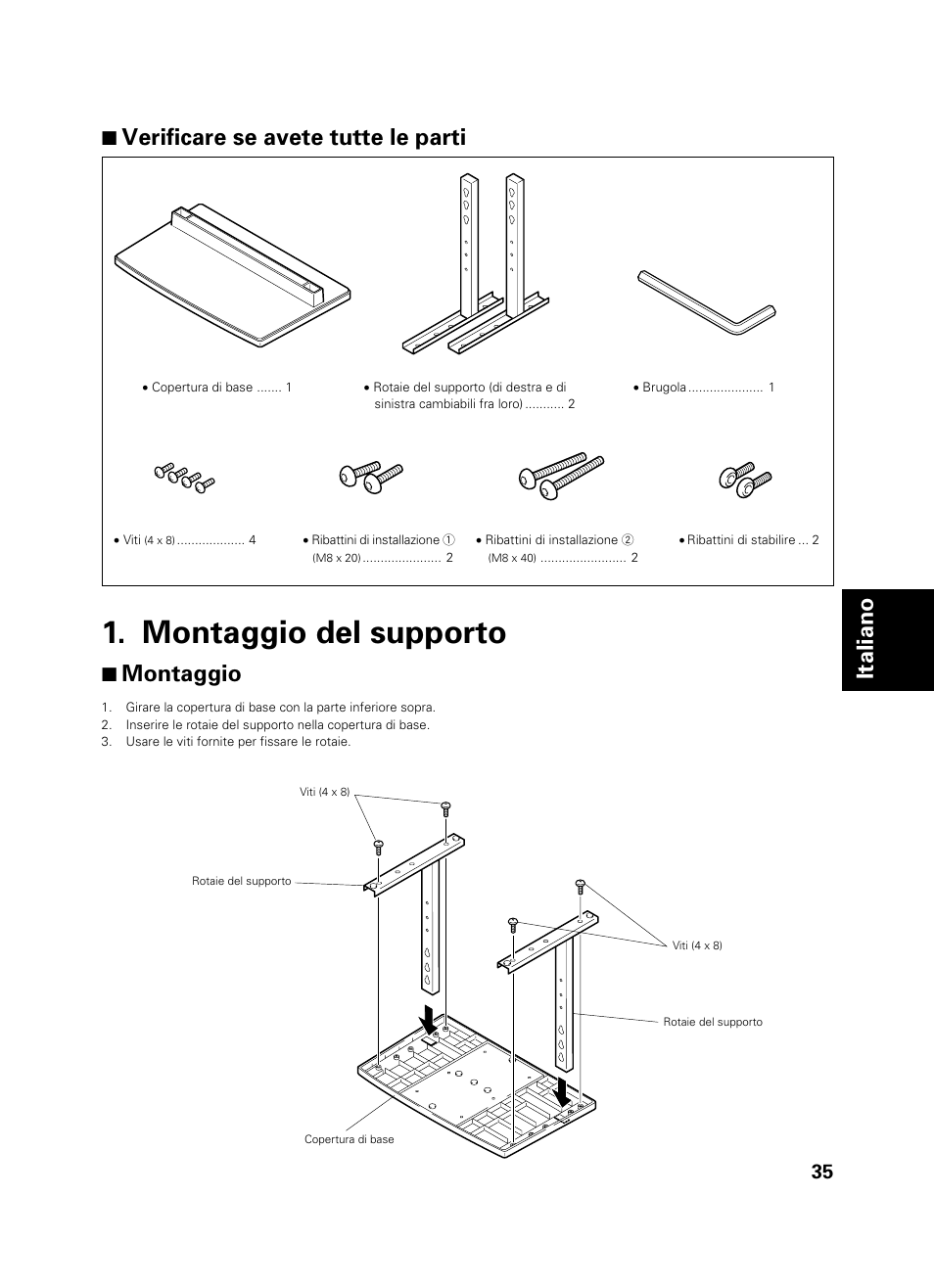 Montaggio del supporto, Italiano 7 verificare se avete tutte le parti, 7 montaggio | Pioneer PDK-TS01 User Manual | Page 35 / 74