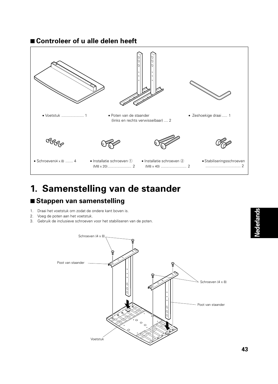 Samenstelling van de staander, Nederlands 7 controleer of u alle delen heeft, 7 stappen van samenstelling | Pioneer PDK-TS01 User Manual | Page 43 / 74