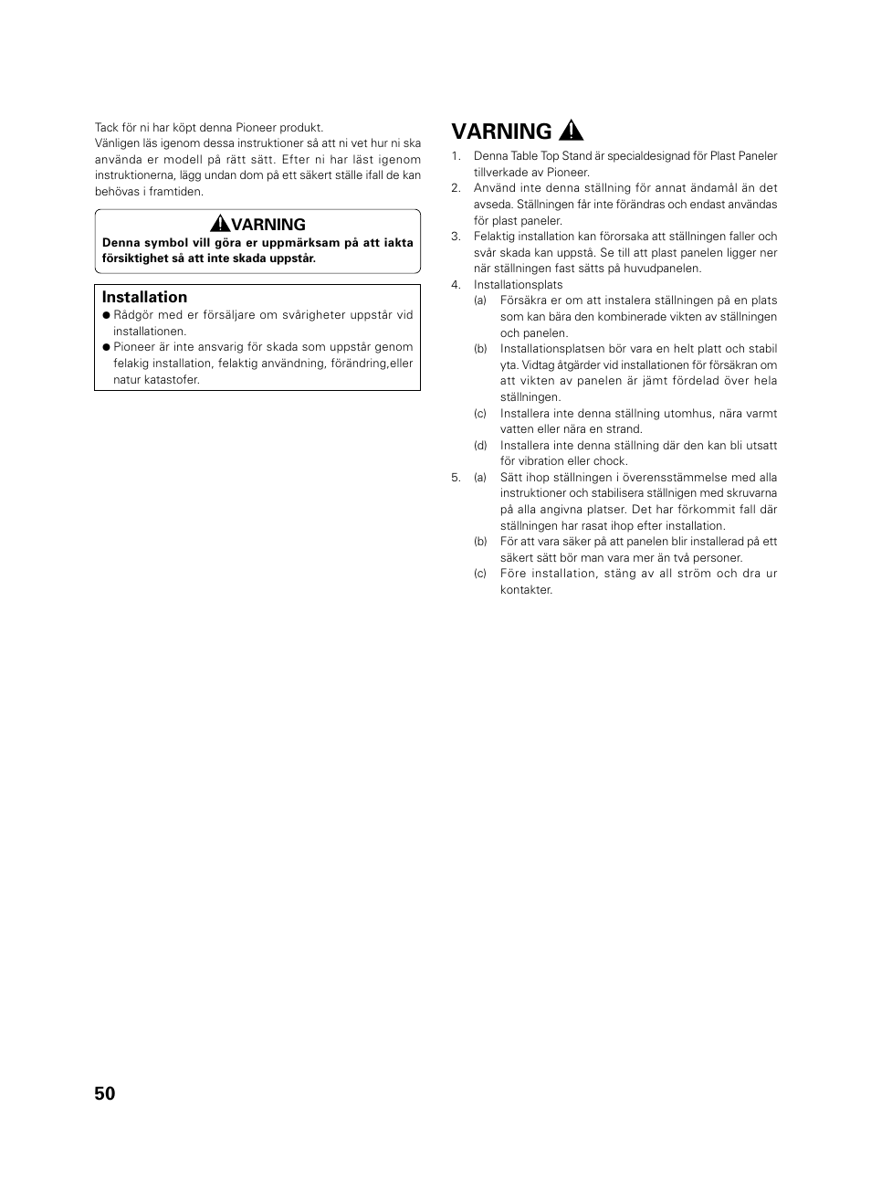 Bruksanvisning, Varning | Pioneer PDK-TS01 User Manual | Page 50 / 74