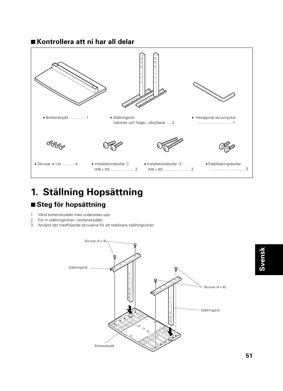 Ställning hopsättning, Svensk 7 kontrollera att ni har all delar, 7 steg för hopsättning | Pioneer PDK-TS01 User Manual | Page 51 / 74