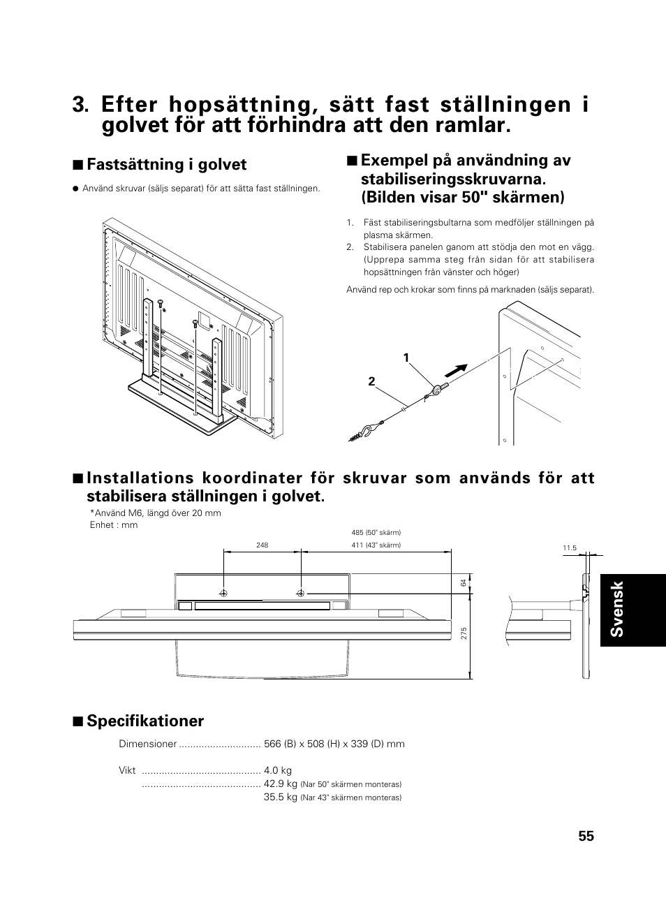 Svensk, 7 fastsättning i golvet, 7 specifikationer | Pioneer PDK-TS01 User Manual | Page 55 / 74