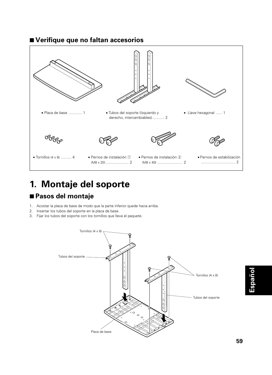Montaje del soporte, Español 7 verifique que no faltan accesorios, 7 pasos del montaje | Pioneer PDK-TS01 User Manual | Page 59 / 74