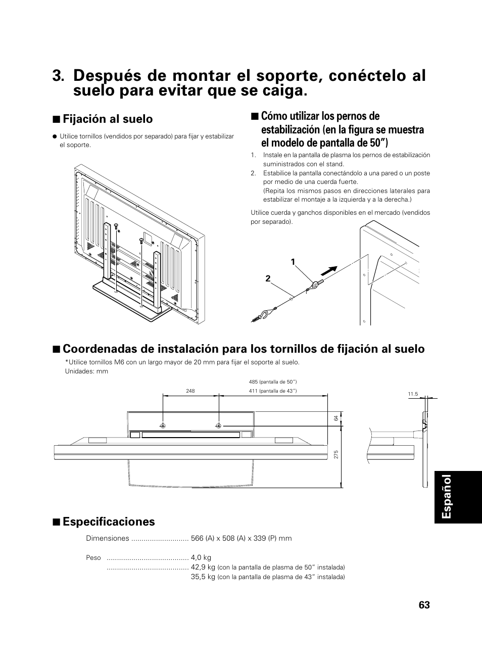 Español, 7 fijación al suelo, 7 especificaciones | Pioneer PDK-TS01 User Manual | Page 63 / 74