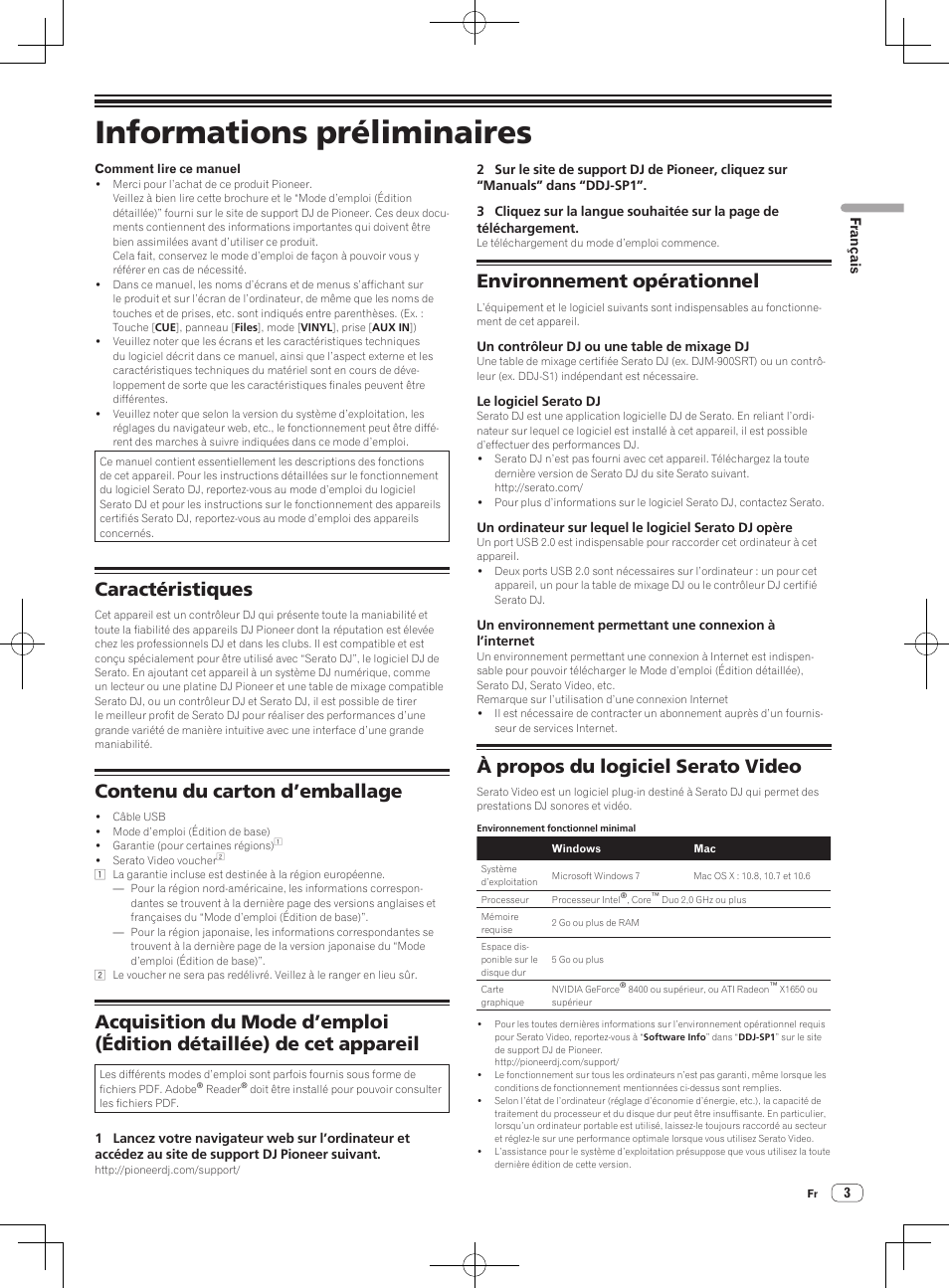 Informations préliminaires, Caractéristiques, Contenu du carton d’emballage | Environnement opérationnel, À propos du logiciel serato video | Pioneer DDJ-SP1 User Manual | Page 13 / 56