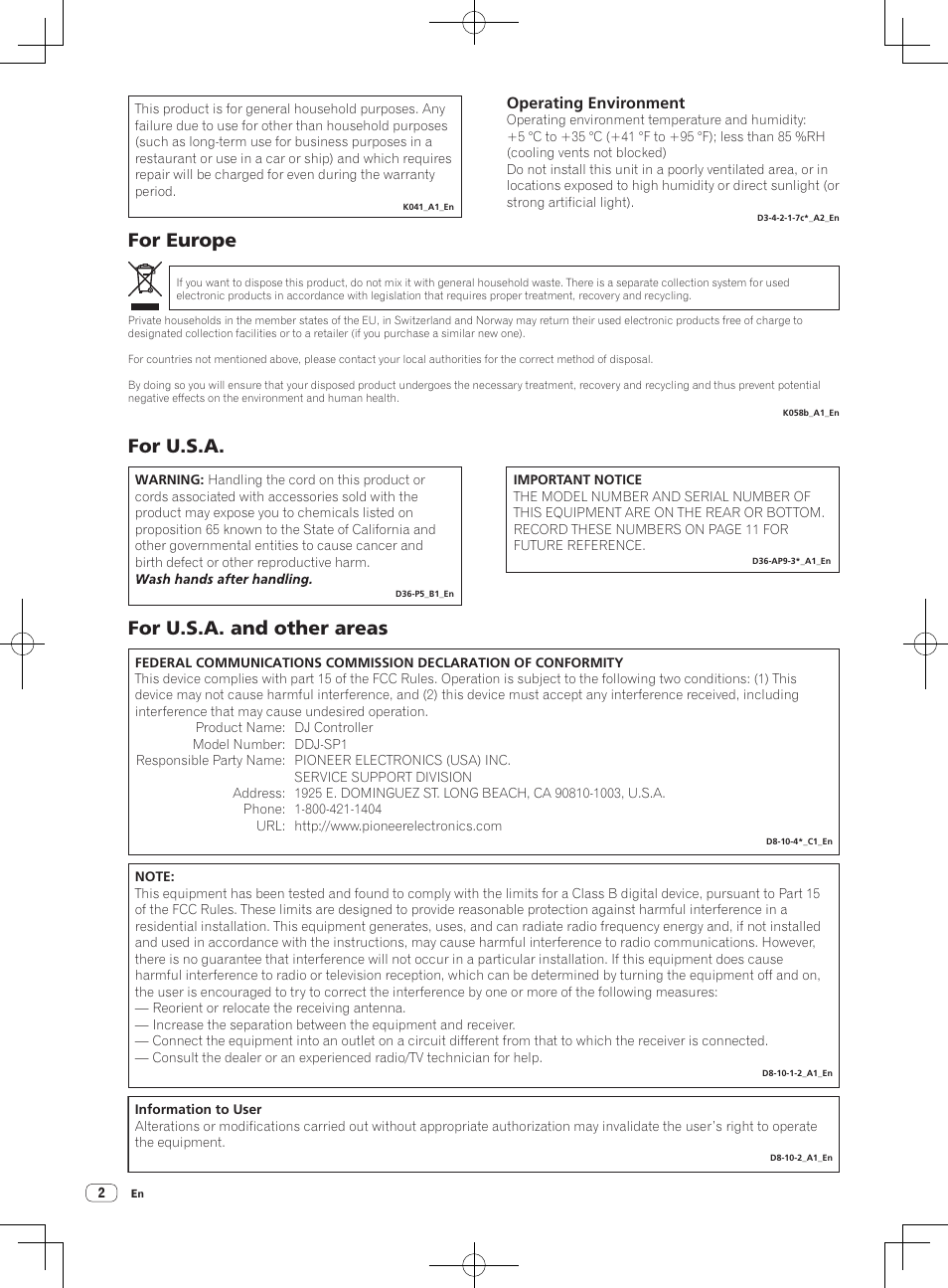 Operating instructions (basic edition), Dj controller, For europe | For u.s.a. for u.s.a. and other areas, Operating environment | Pioneer DDJ-SP1 User Manual | Page 2 / 56