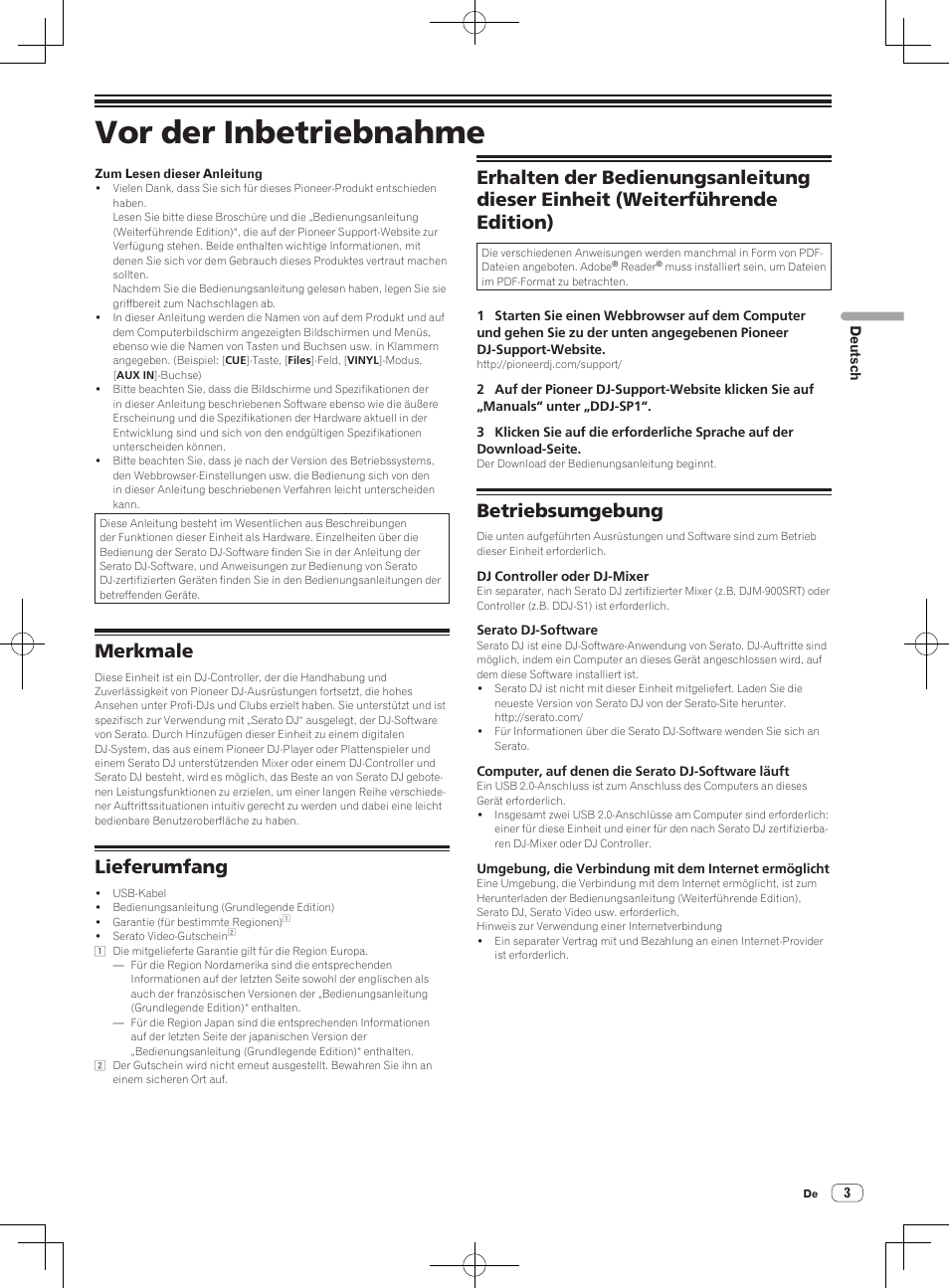 Vor der inbetriebnahme, Merkmale, Lieferumfang | Betriebsumgebung | Pioneer DDJ-SP1 User Manual | Page 25 / 56