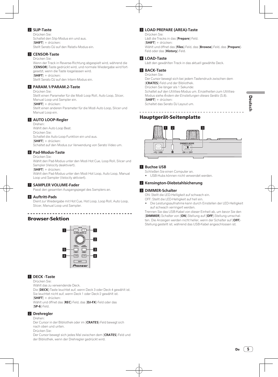 Browser-sektion, Hauptgerät-seitenplatte | Pioneer DDJ-SP1 User Manual | Page 27 / 56