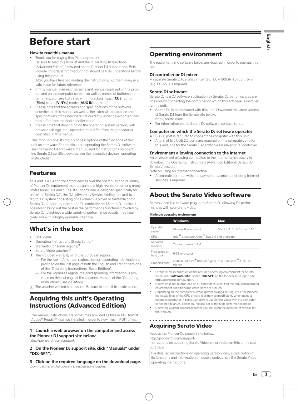 Before start, Features, What’s in the box | Operating environment, About the serato video software, Acquiring serato video | Pioneer DDJ-SP1 User Manual | Page 3 / 56