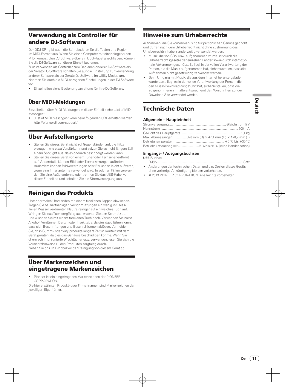 Verwendung als controller für andere dj-software, Über aufstellungsorte, Reinigen des produkts | Über markenzeichen und eingetragene markenzeichen, Hinweise zum urheberrechte, Technische daten | Pioneer DDJ-SP1 User Manual | Page 33 / 56