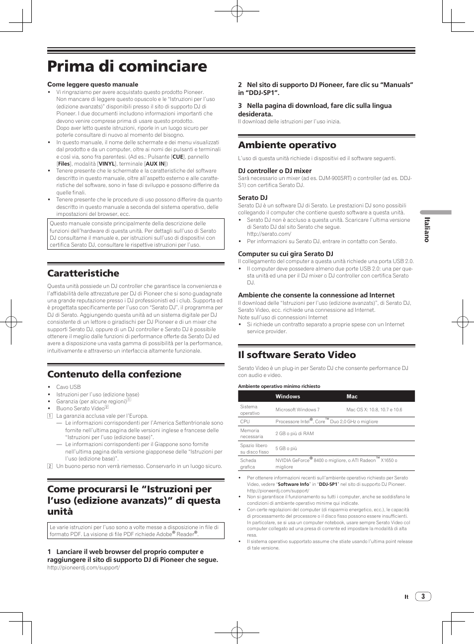 Prima di cominciare, Caratteristiche, Contenuto della confezione | Ambiente operativo, Il software serato video | Pioneer DDJ-SP1 User Manual | Page 35 / 56