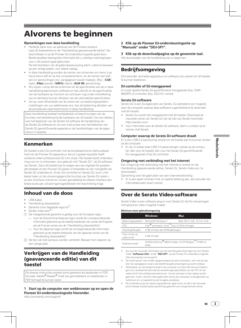 Alvorens te beginnen, Kenmerken, Inhoud van de doos | Bedrijfsomgeving, Over de serato video-software | Pioneer DDJ-SP1 User Manual | Page 45 / 56