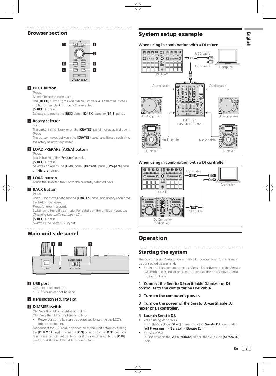 System setup example, Operation, Main unit side panel | Starting the system | Pioneer DDJ-SP1 User Manual | Page 5 / 56