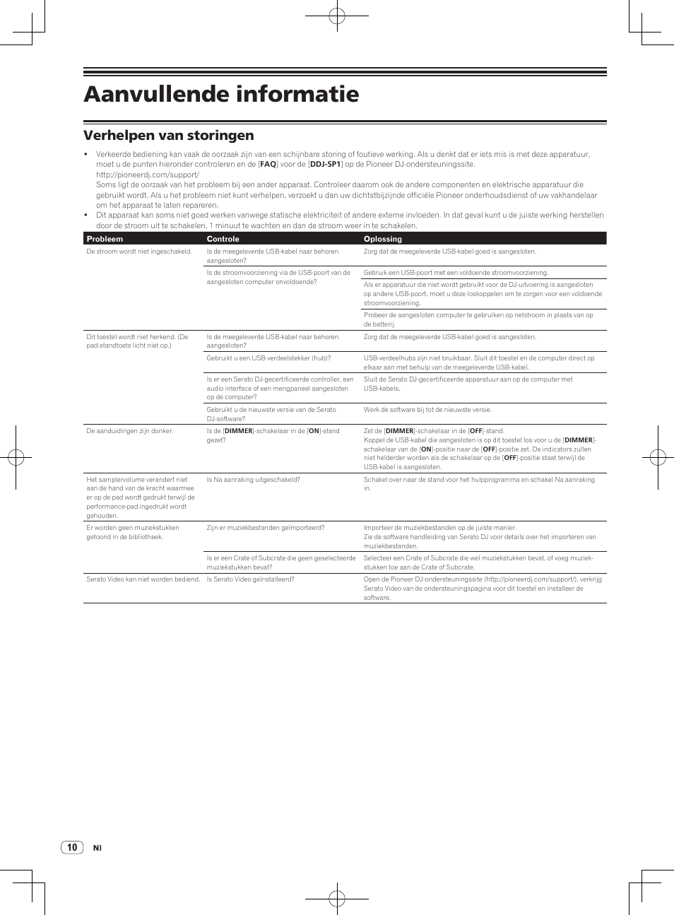 Aanvullende informatie, Verhelpen van storingen | Pioneer DDJ-SP1 User Manual | Page 52 / 56