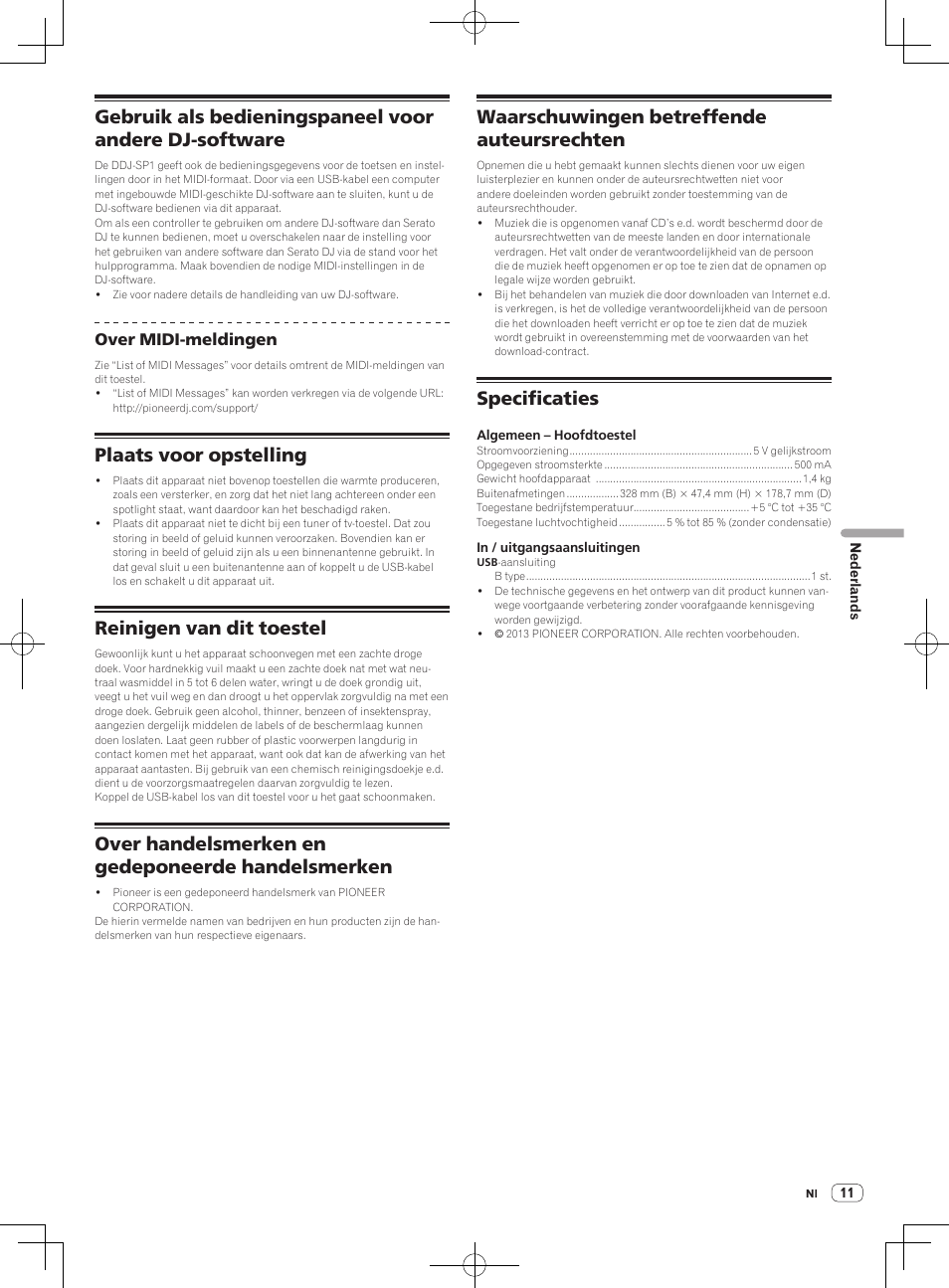 Plaats voor opstelling, Reinigen van dit toestel, Over handelsmerken en gedeponeerde handelsmerken | Waarschuwingen betreffende auteursrechten, Specificaties | Pioneer DDJ-SP1 User Manual | Page 53 / 56