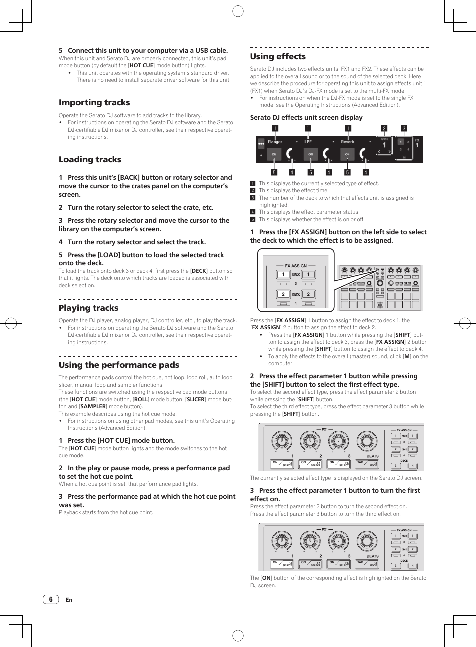 Importing tracks, Loading tracks, Playing tracks | Using the performance pads, Using effects | Pioneer DDJ-SP1 User Manual | Page 6 / 56