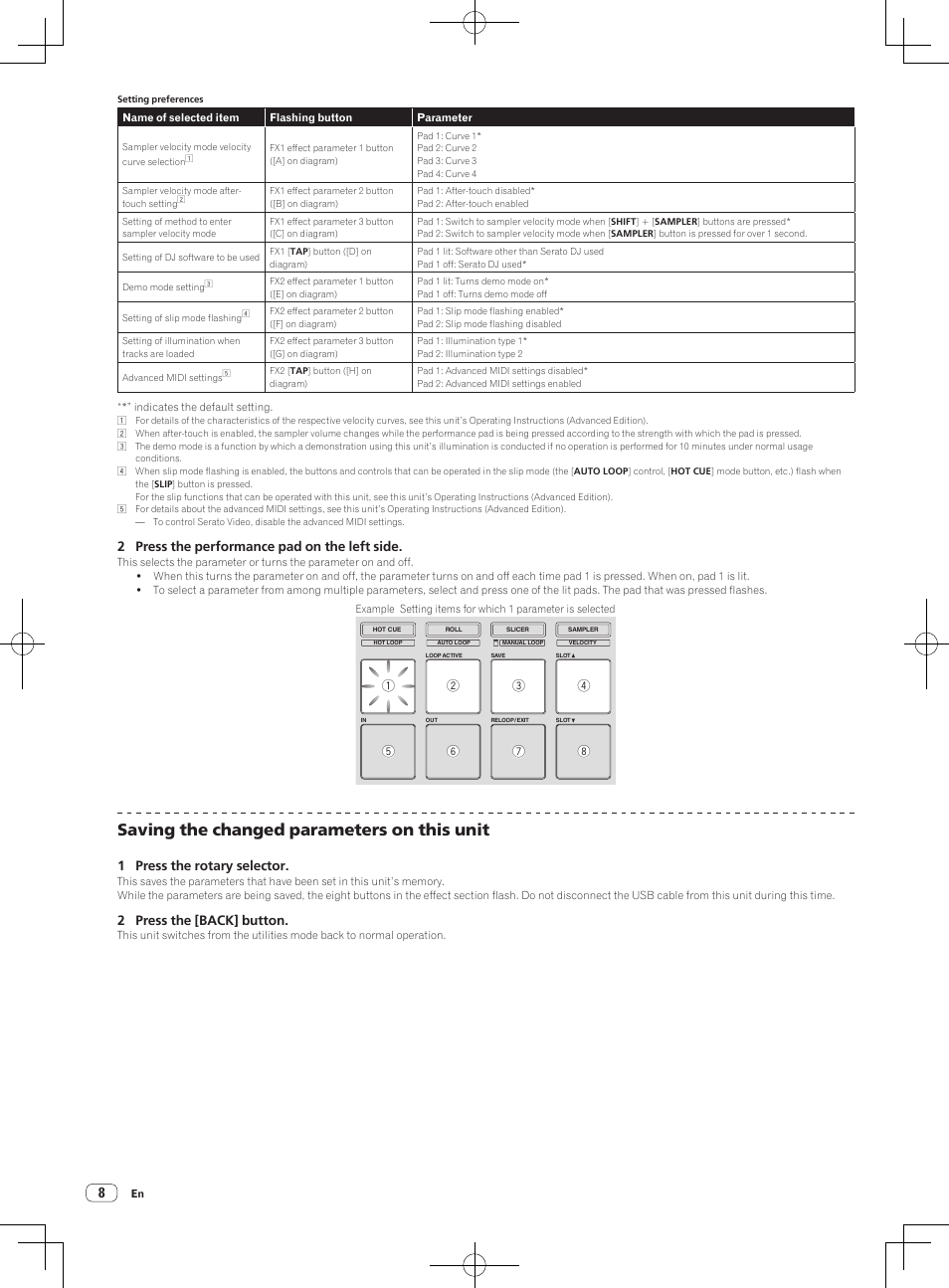 Saving the changed parameters on this unit, 2 press the performance pad on the left side, 1 press the rotary selector | 2 press the [back] button | Pioneer DDJ-SP1 User Manual | Page 8 / 56