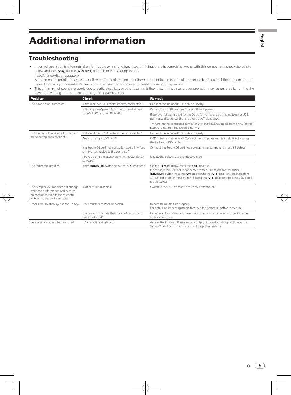 Additional information, Troubleshooting, 9english | Pioneer DDJ-SP1 User Manual | Page 9 / 56