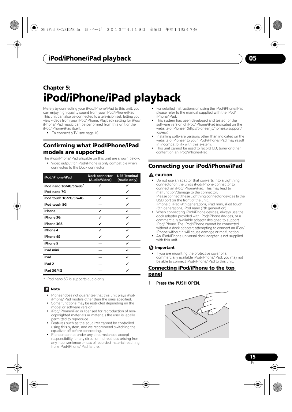 Ipod/iphone/ipad playback, Connecting your ipod/iphone/ipad, Connecting ipod/iphone to the top panel | 05 ipod/iphone/ipad playback, Confirming what ipod/iphone/ipad models are, Supported, Ipod/iphone/ipad playback 05, English français español, Chapter 5 | Pioneer X-CM31DAB-K User Manual | Page 15 / 36