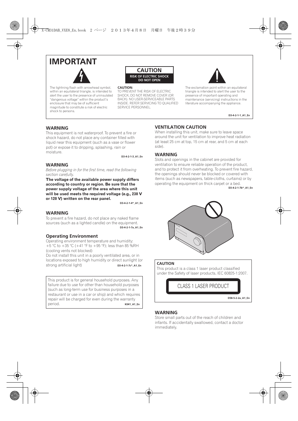 Important, Caution, Class 1 laser product | Pioneer X-CM31DAB-K User Manual | Page 2 / 36