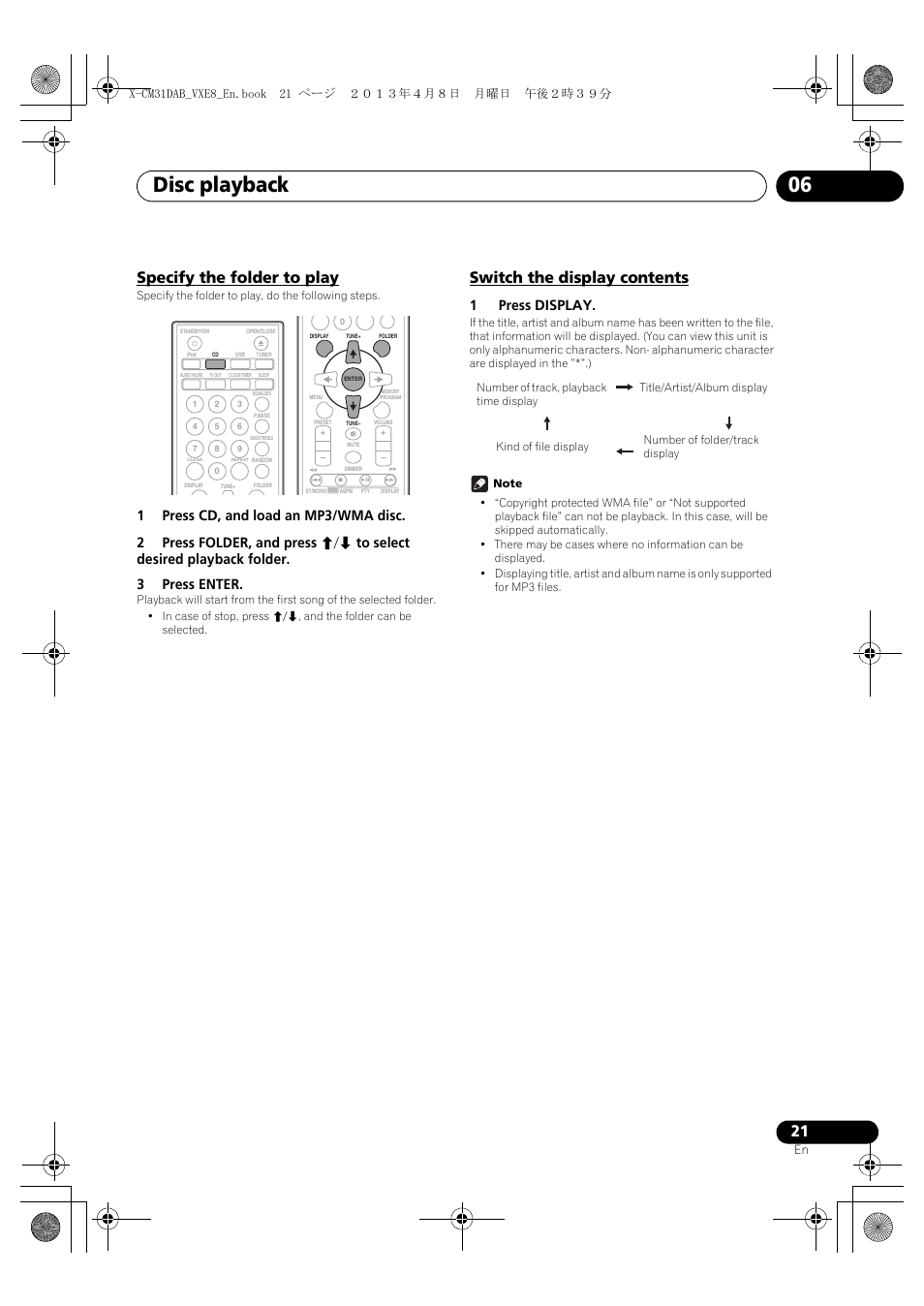 Specify the folder to play, Switch the display contents, Disc playback 06 | English français español, 1press display | Pioneer X-CM31DAB-K User Manual | Page 21 / 36