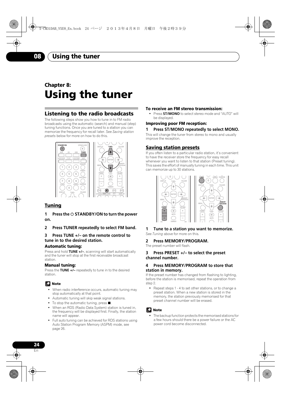 Using the tuner, Listening to the radio broadcasts, Tuning | Saving station presets, 08 using the tuner, Using the tuner 08, Chapter 8, Manual tuning | Pioneer X-CM31DAB-K User Manual | Page 24 / 36