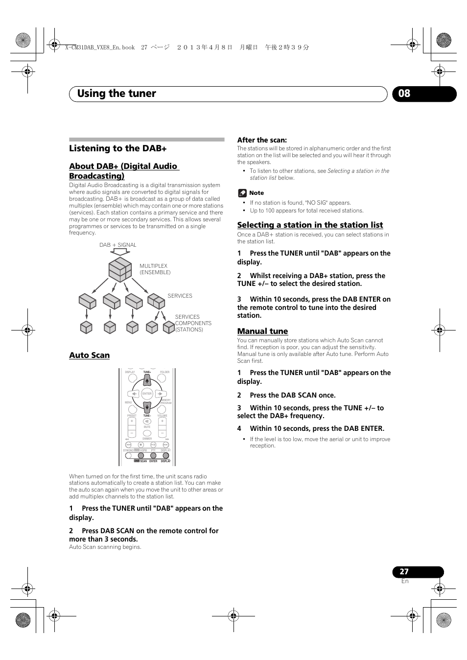 Listening to the dab, About dab+ (digital audio broadcasting), Auto scan | Selecting a station in the station list, Manual tune, Using the tuner 08, English français español | Pioneer X-CM31DAB-K User Manual | Page 27 / 36