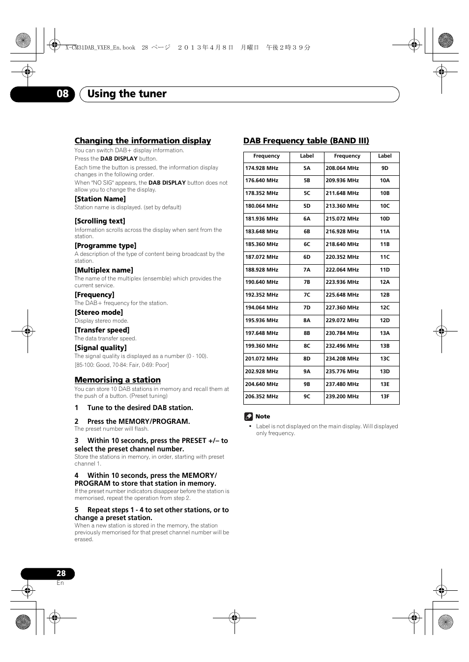Changing the information display, Memorising a station, Dab frequency table (band iii) | Using the tuner 08 | Pioneer X-CM31DAB-K User Manual | Page 28 / 36
