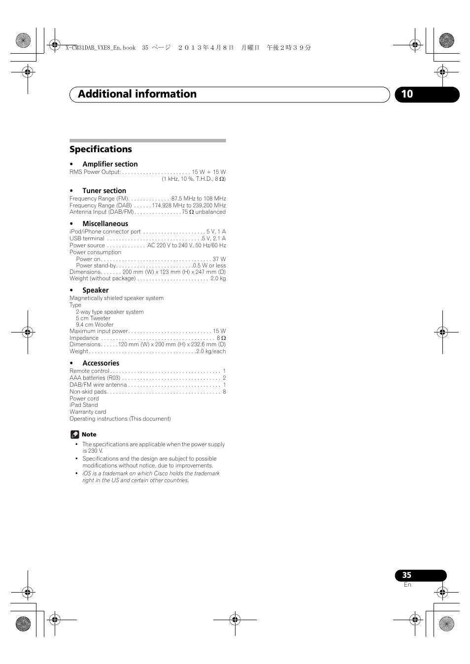 Specifications, Additional information 10, English français español | Pioneer X-CM31DAB-K User Manual | Page 35 / 36
