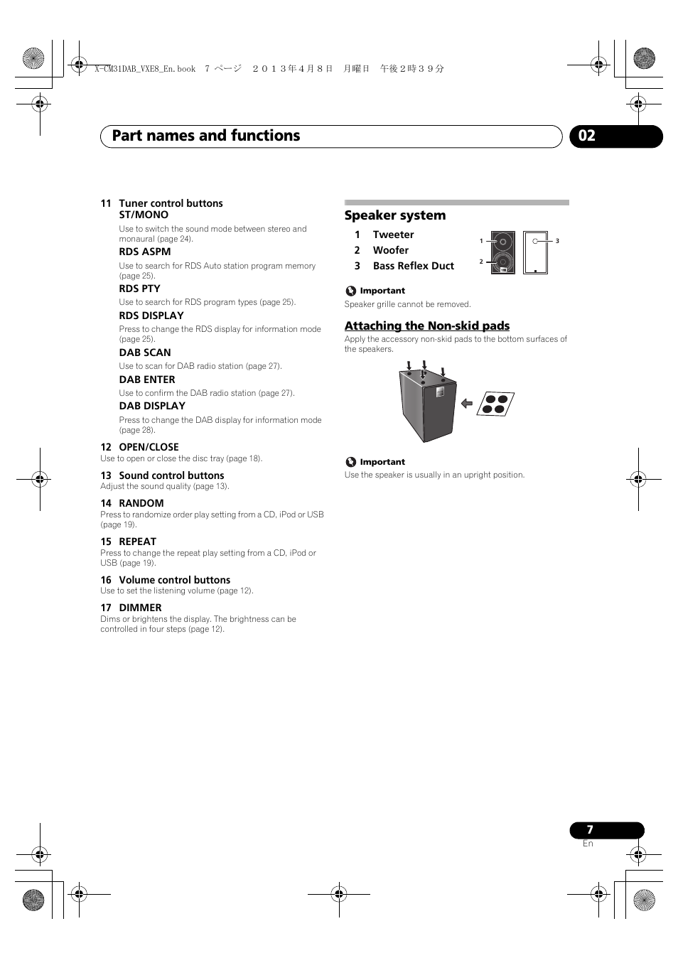 Speaker system, Attaching the non-skid pads, Part names and functions 02 | English français español | Pioneer X-CM31DAB-K User Manual | Page 7 / 36