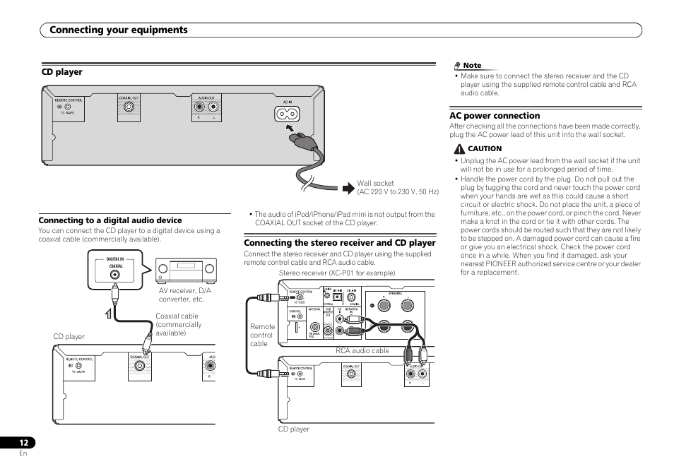 Cd player, Connecting the stereo receiver and cd player, Ac power connection | Connecting your equipments | Pioneer P1DAB-S User Manual | Page 12 / 30