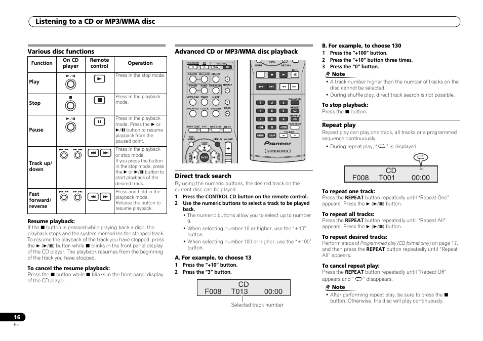 Various disc functions, Advanced cd or mp3/wma disc playback, Listening to a cd or mp3/wma disc | Pioneer P1DAB-S User Manual | Page 16 / 30