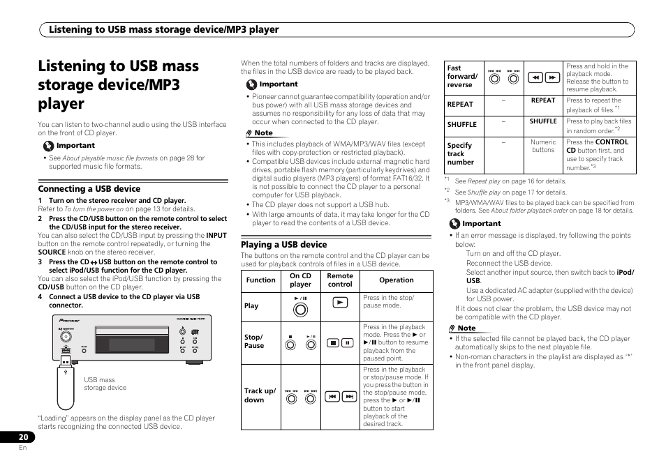 Listening to usb mass storage device/mp3 player, Connecting a usb device, Playing a usb device | Pioneer P1DAB-S User Manual | Page 20 / 30