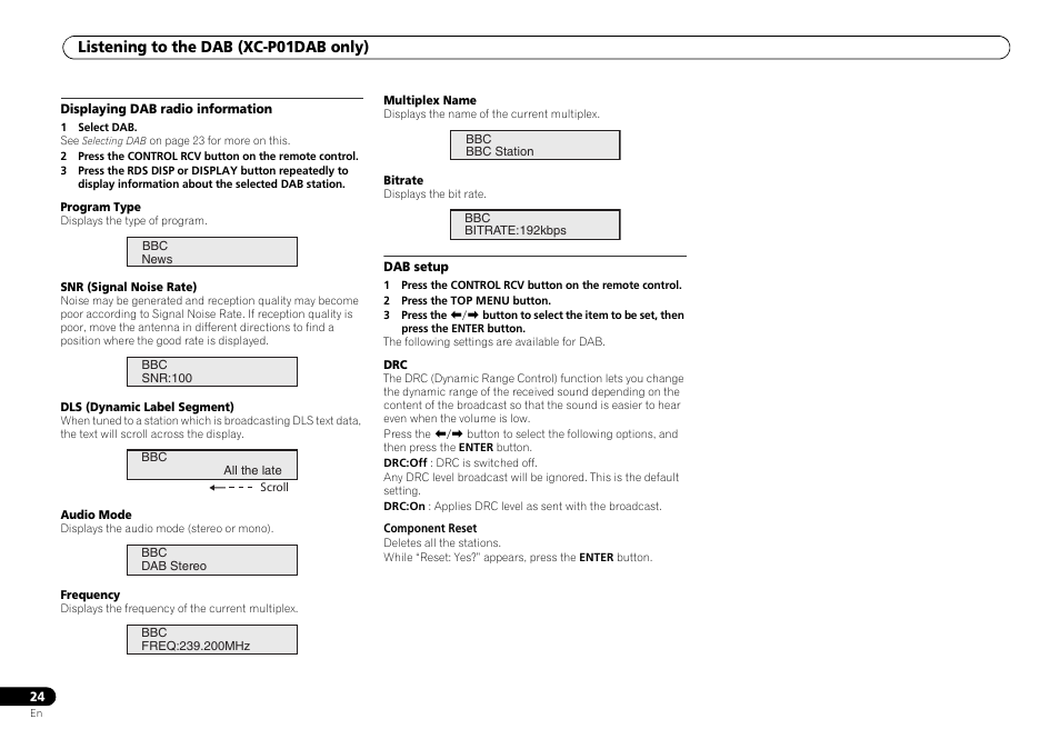 Listening to the dab (xc-p01dab only) | Pioneer P1DAB-S User Manual | Page 24 / 30