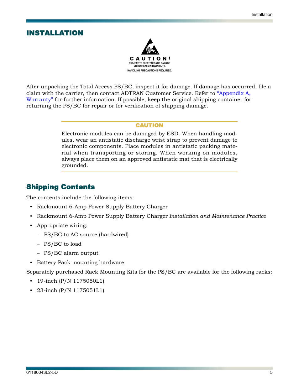 Installation, Shipping contents | ADTRAN 6-Amp Power User Manual | Page 11 / 18