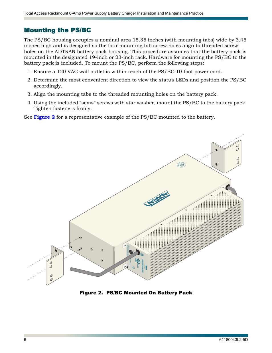 Mounting the ps/bc, Figure 2, Ps/bc mounted on battery pack | ADTRAN 6-Amp Power User Manual | Page 12 / 18