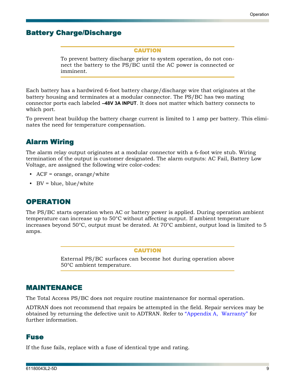 Battery charge/discharge, Alarm wiring, Operation | Maintenance, Fuse, Battery charge/discharge alarm wiring | ADTRAN 6-Amp Power User Manual | Page 15 / 18